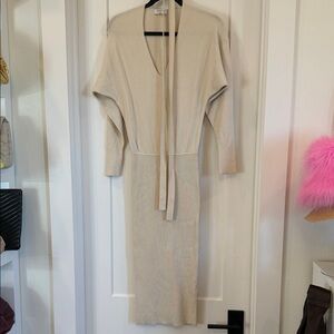 Babaton Cream Ribbed Knit Midi-Sweater Dress